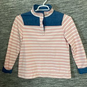 Women’s Pink White Blue Denim Mock Neck 1/3 Button Long Sleeves Stripes Shirt